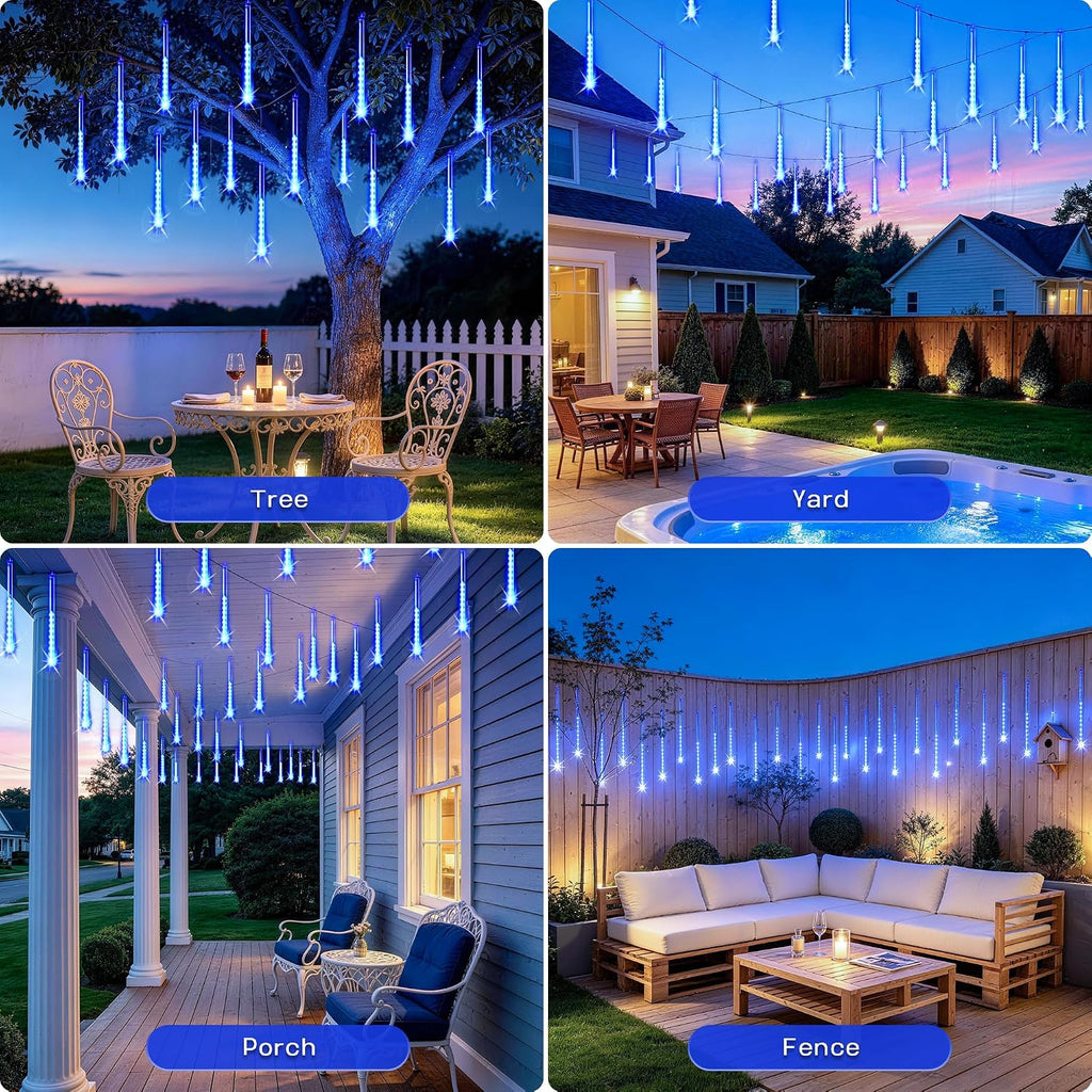 Solar Lights for Outdoor Decor, Solar Meteor Shower Lights Outdoor | 8 Tube 144 LEDs , Hanging Blue Christmas Lights