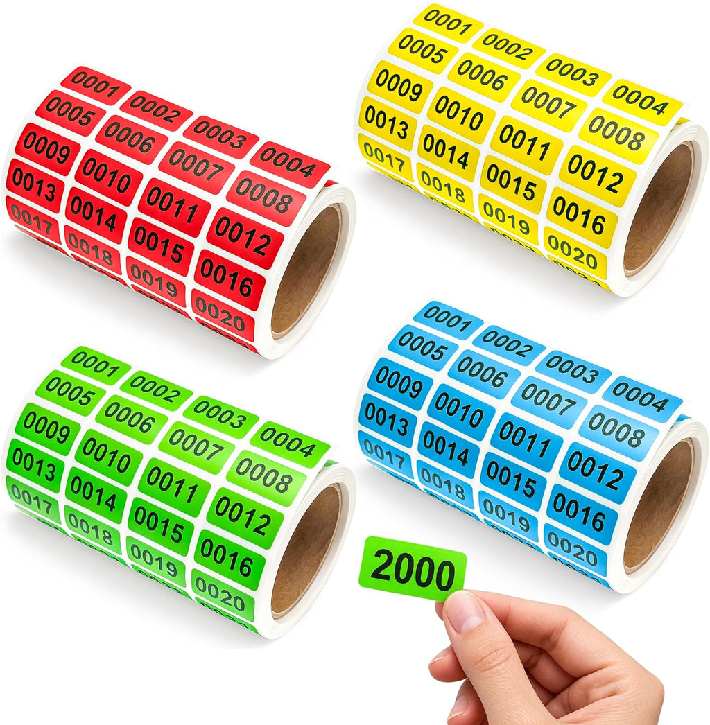 0001-2000 Inventory Number Stickers Labels, 4 Rolls Color-Coded Labels