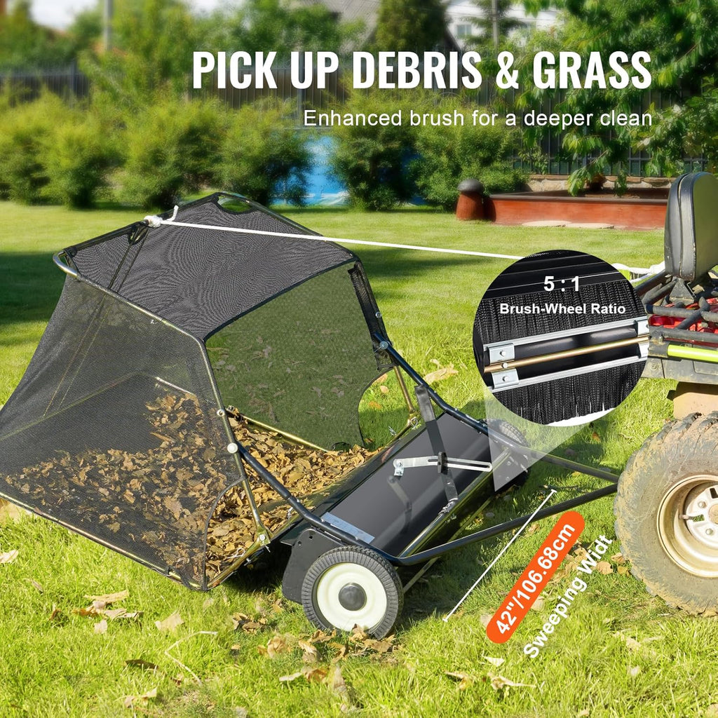 42" Tow-Behind Lawn Sweeper, 12 Cu. Ft. Hopper Leaf & Grass Collector