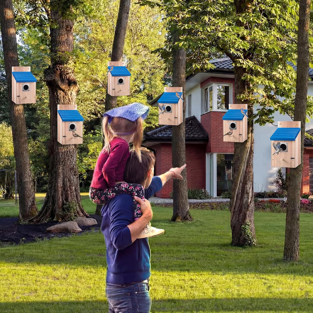 2 Pack Bluebird House for Outside, Blue Roof, Wood