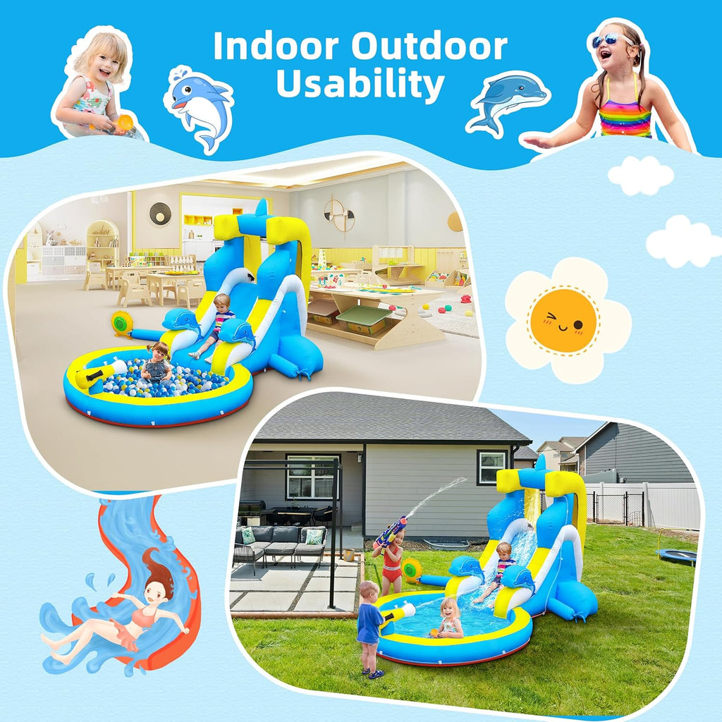Inflatable Water Slide: 4 in 1 Bounce House Water Park Dolphin Style for Kids - Climbing Wall Splash Pool Water