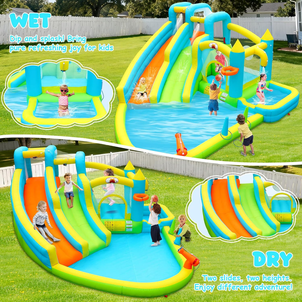 Inflatable Water Double Slides with Blower, Jumping Castle with Deep Pool, Bounce House for 5 Kids Aged 3-10, Water