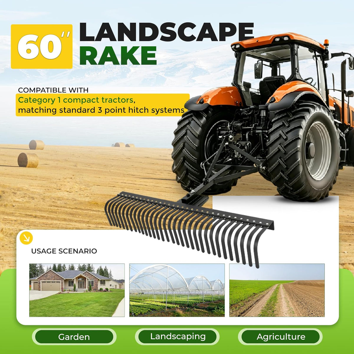 Landscape Rake 3 Point 360 Rotation 60 Inch Compatible with Category 1 Compact Tractors Tow Behind Garden Tool Black
