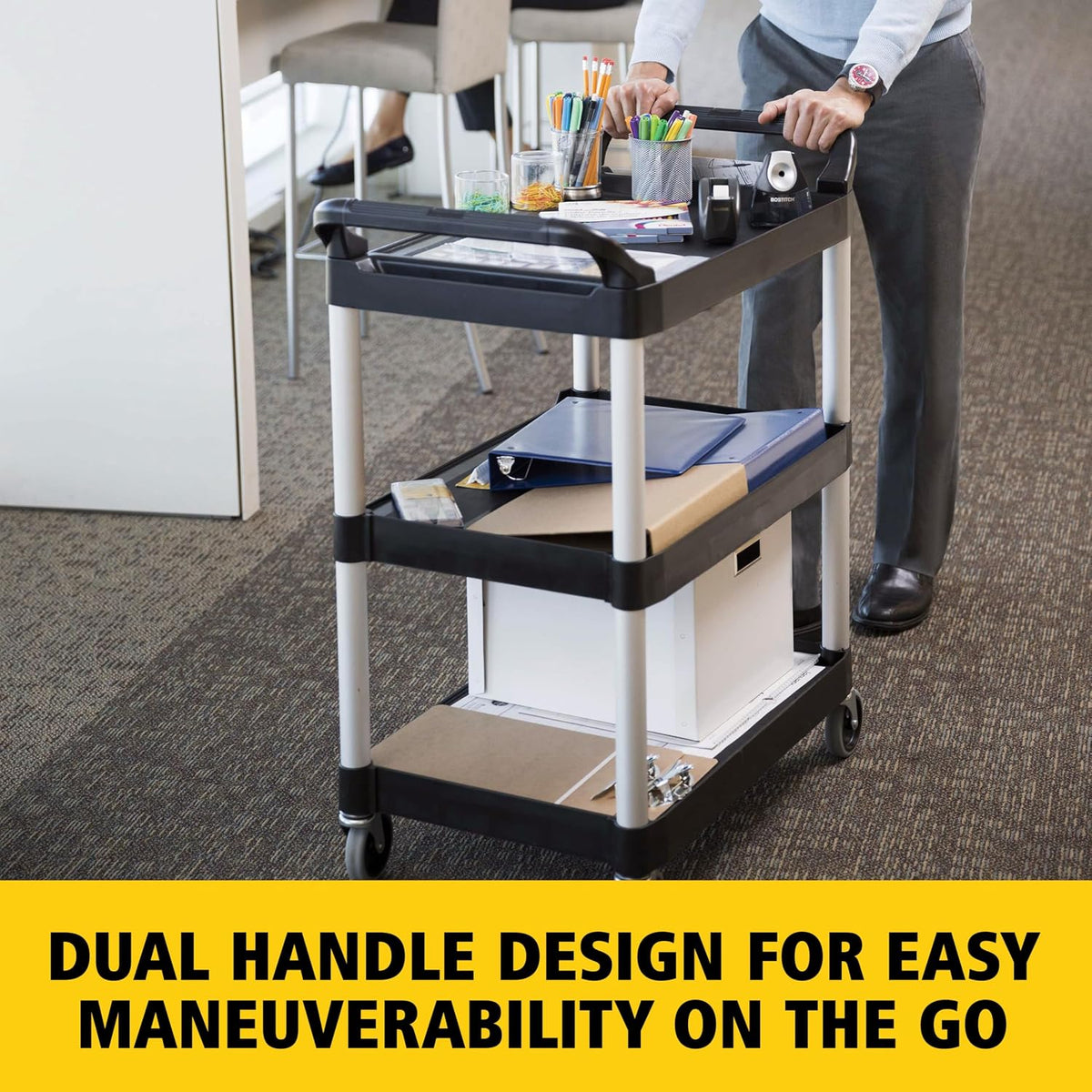 3-Shelf Service Push Cart, 200lb, Black