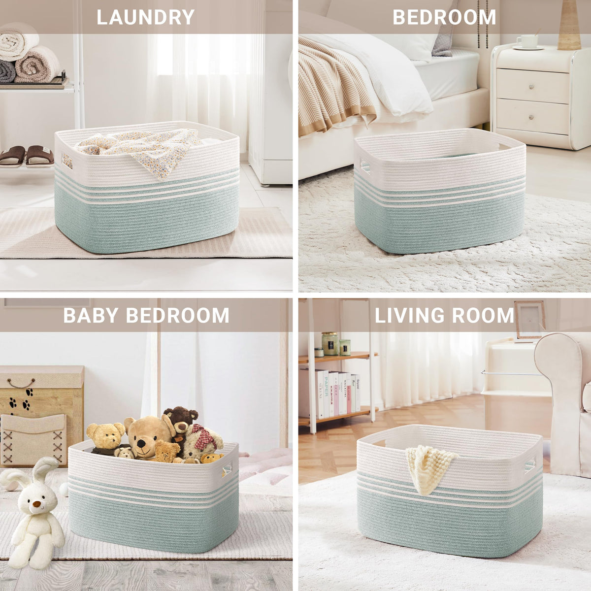 60L Woven Laundry Basket Hamper with Handles, Green