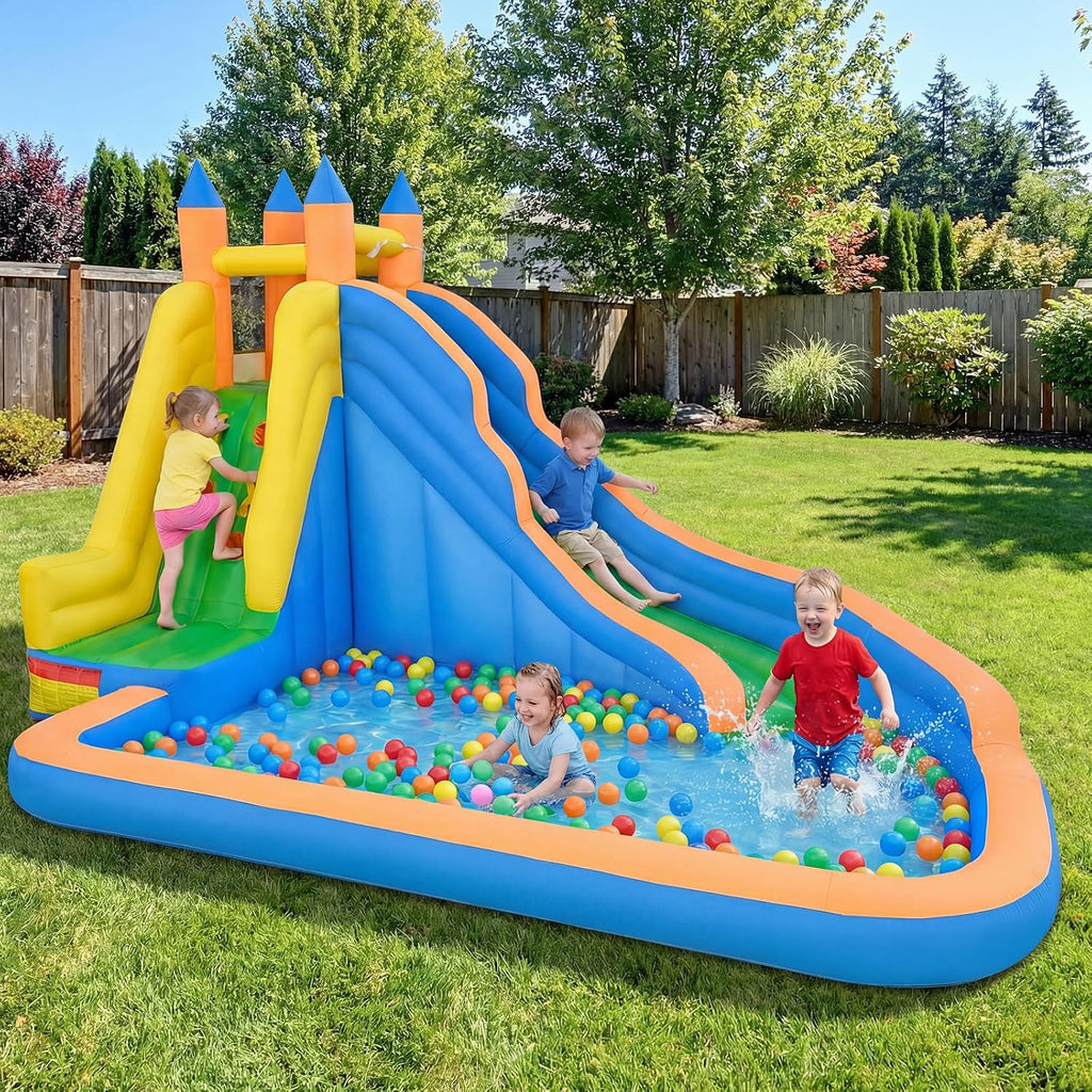 Inflatable Water Slide, Giant Bouncy Water Park Jump Castle Waterslide for Kids Backyard Outdoor Fun with Climbing