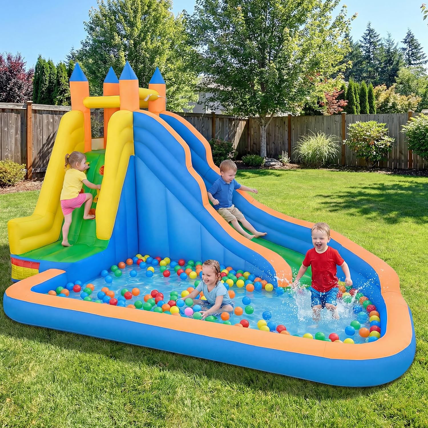 Inflatable Water Slide, Giant Bouncy Water Park Jump Castle Waterslide for Kids Backyard Outdoor Fun with Climbing