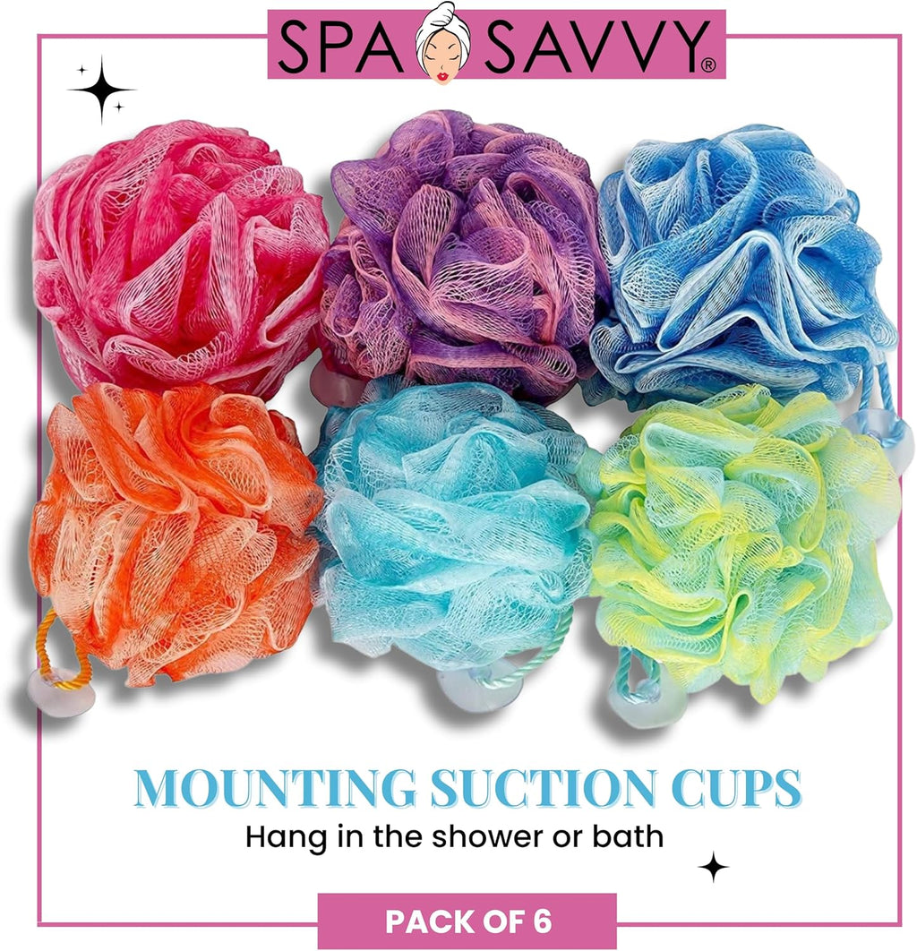 Bath Loofah Set, 6 Pack Shower Pouf Body Sponges with Suction Cups, Exfoliating Bath Accessories for Men and Women