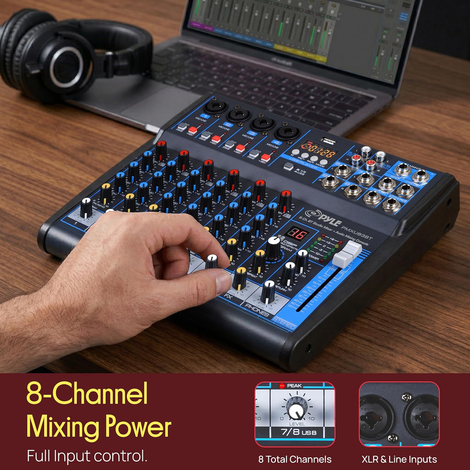 8 Channel DJ Audio Mixer, Bluetooth, DSP FX, USB, Audio Interface | +48V Phantom Power, 16Bit DSP Processor, USB-A