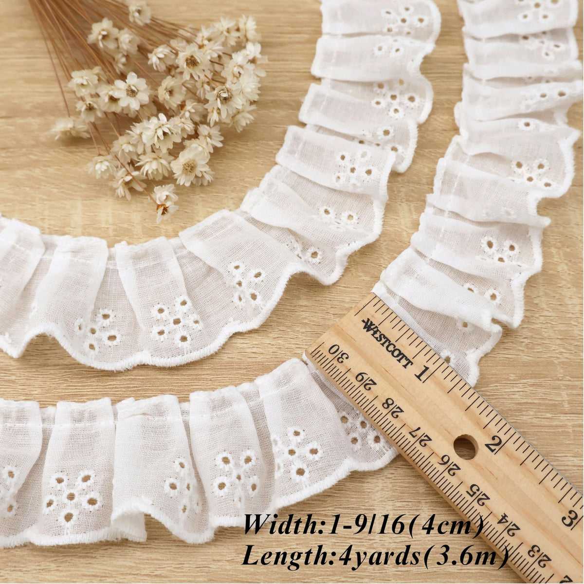4 Yards Ruffle Trim Eyelet Cotton Pleated Lace Trim 1-9/16"