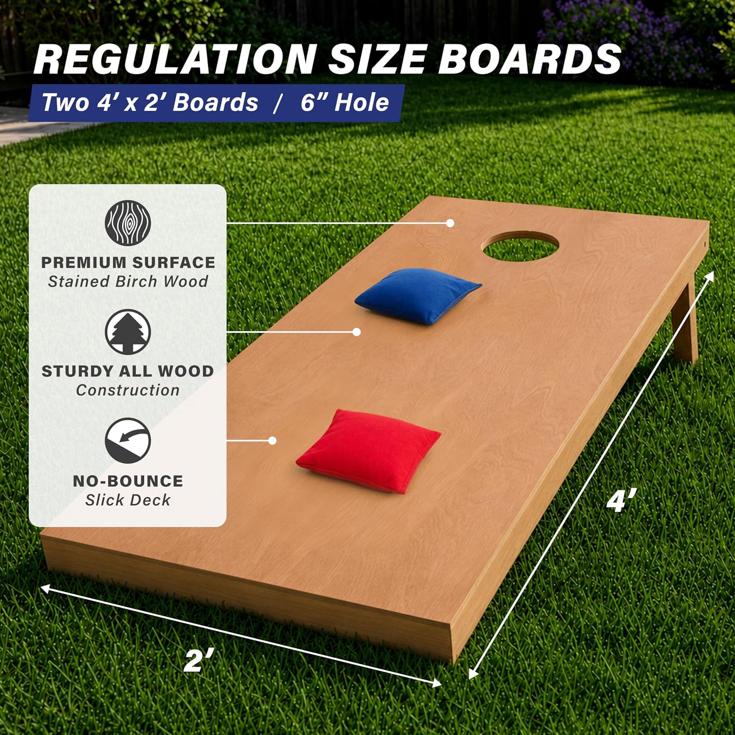 4 ft x 2 ft Regulation Size Wooden Cornhole Boards Set with Light Brown Finish - Includes Carrying Case (Choose Your