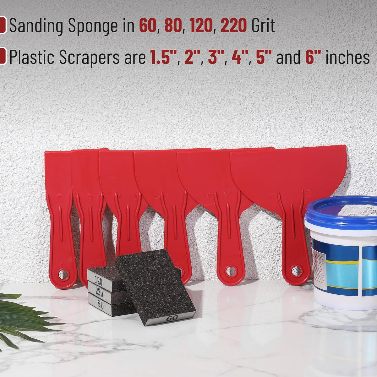 Bates- Putty Knife Set with Sanding Sponge, 10 pcs, Plastic Paint Scraper, Sandpaper Block, Putty Knives, Sandpaper