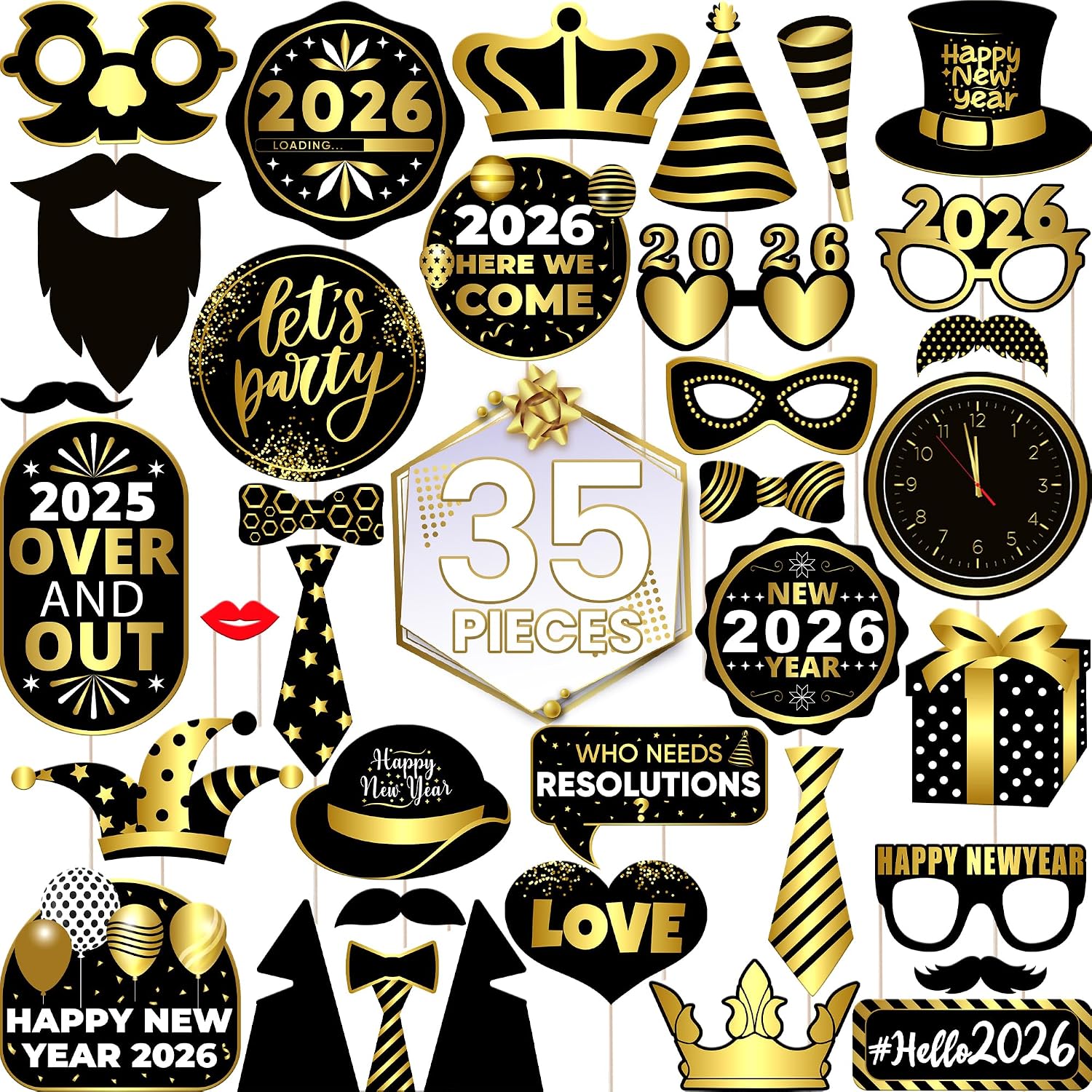 New Years Eve Photo Booth Props 2026, Pack of 35 | Gold and Black New Years Photo Booth Props for Happy New Years