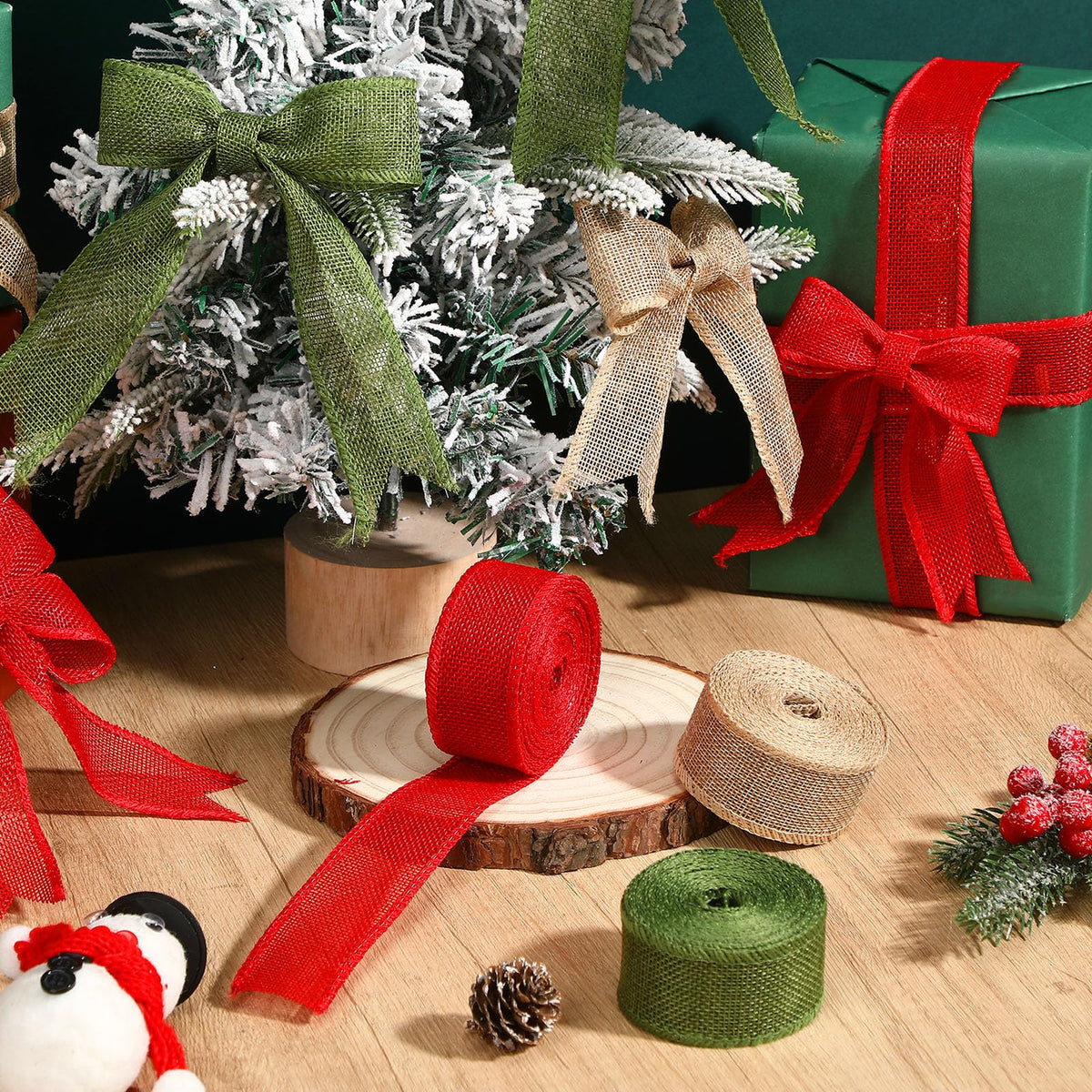 6 Rolls 33 Yards Christmas Burlap Ribbon, 1.5''