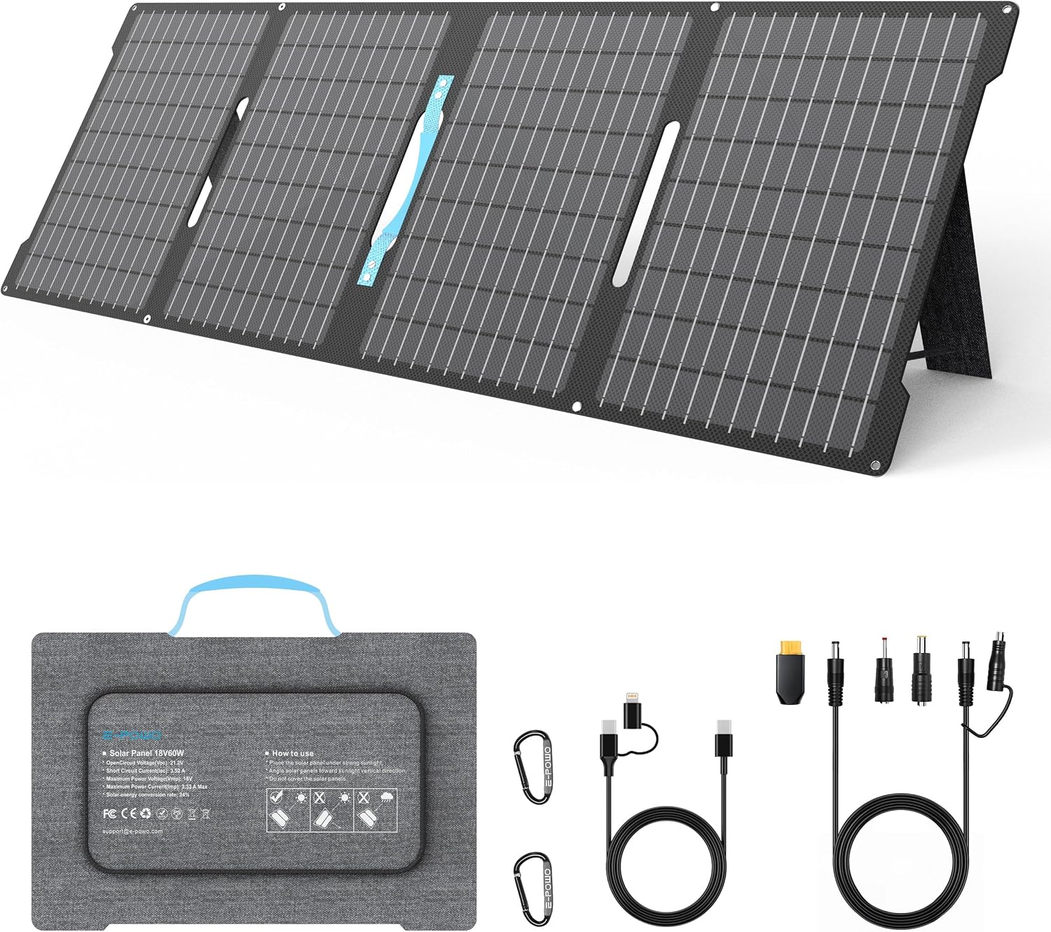 60W Portable Solar Panels for Camping, IP67 Foldable Small Solar Charger | Waterproof Solar Panel kit with USB-C