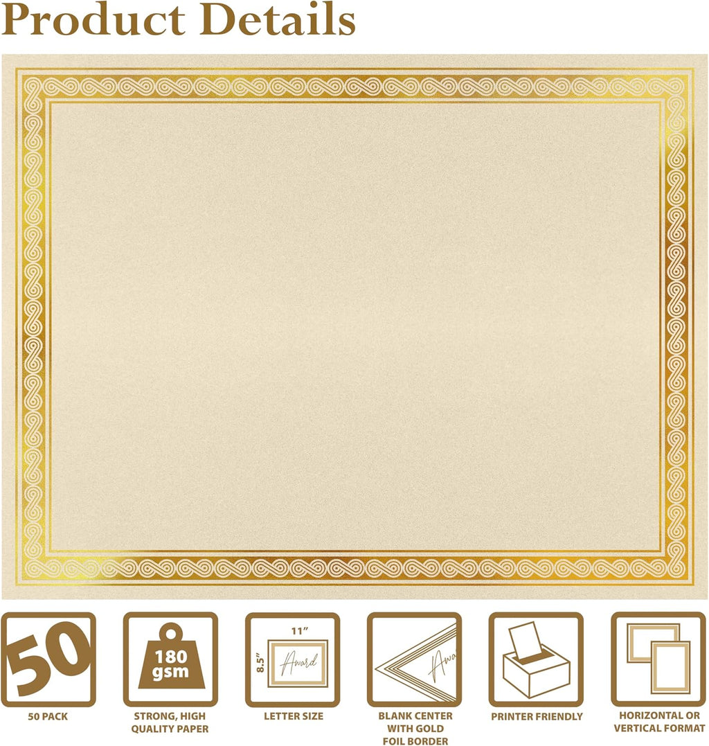 50 Sheet Award Certificate Paper, Gold Foil Metallic Border, Ivory Letter Size Blank Paper, Diploma Certificates