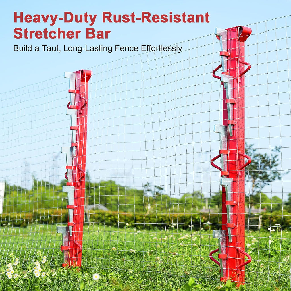 4ft Woven Wire Fence Stretcher Bar with 5 Wedges, Heavy-Duty Carbon Steel Fence Stretcher Tool Wire Puller, Red