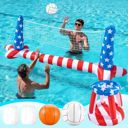 4th of July Pool Games Set, Inflatable Pool Floats Set American Flag Volleyball Net & Basketball Hoops, Swimming Pool