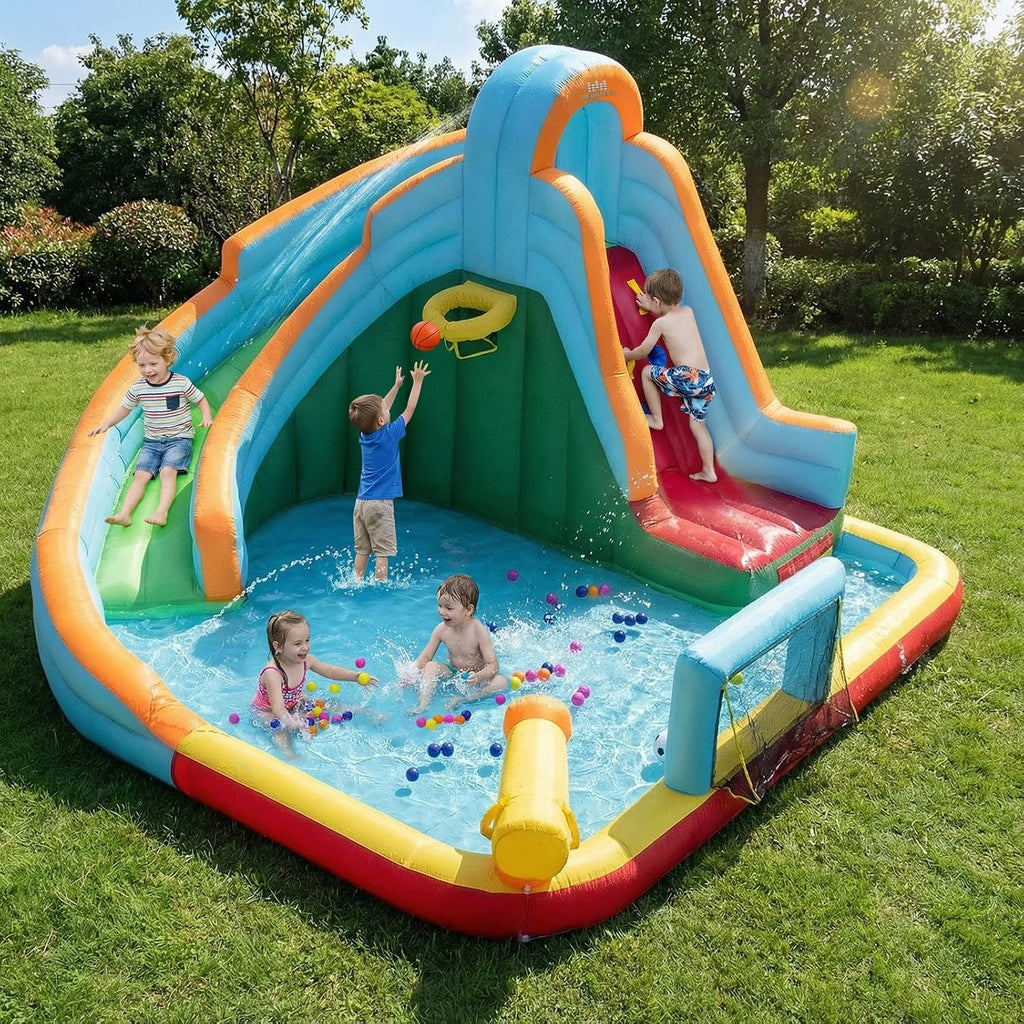 Inflatable Water Slide for Kids, 6 in 1 Kids Water Park for Backyard w/680w Blower, Long Slide, Splash Pool, Soccer