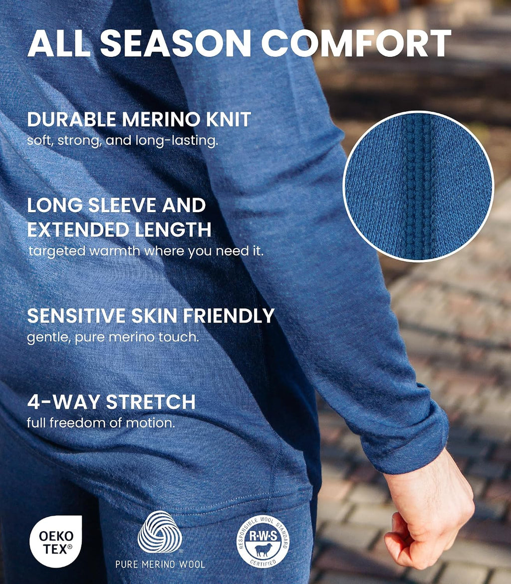 100% Merino Wool Base Layer Men Set - Thermal Underwear for Men Long Johns | Lightweight, Midweight, Heavyweight Long