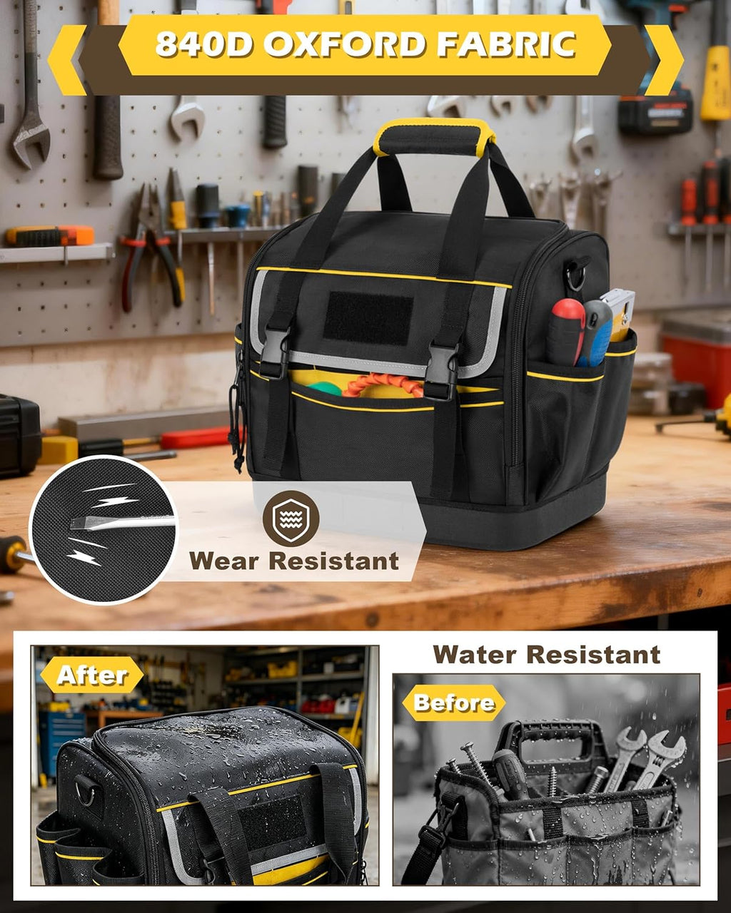 12-Inch Tool Bag with Hard Bottom, Electrician Tool Box Organizer with Detachable Divider, Multi-Purpose Work Tote
