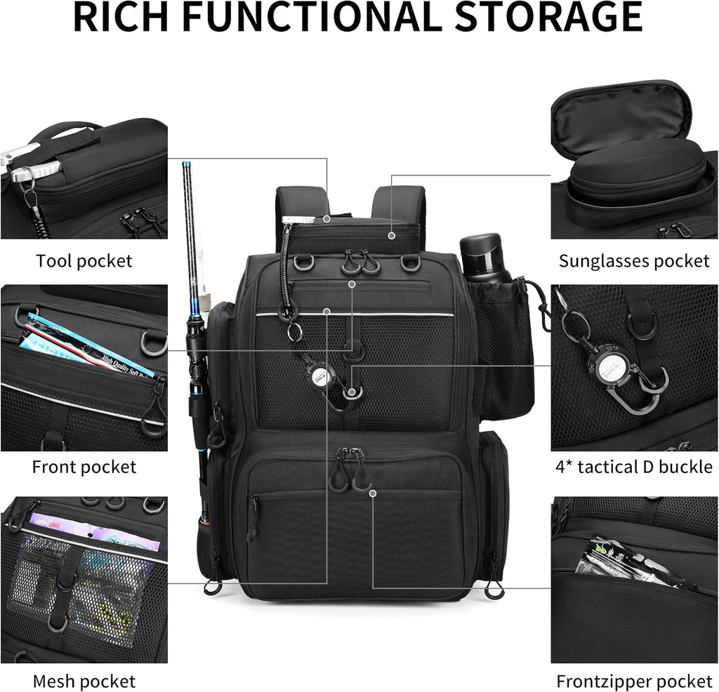 Fishing Tackle Backpack with Rod Holders, Bottle Holder, Storage Bag Store Fishing Gear