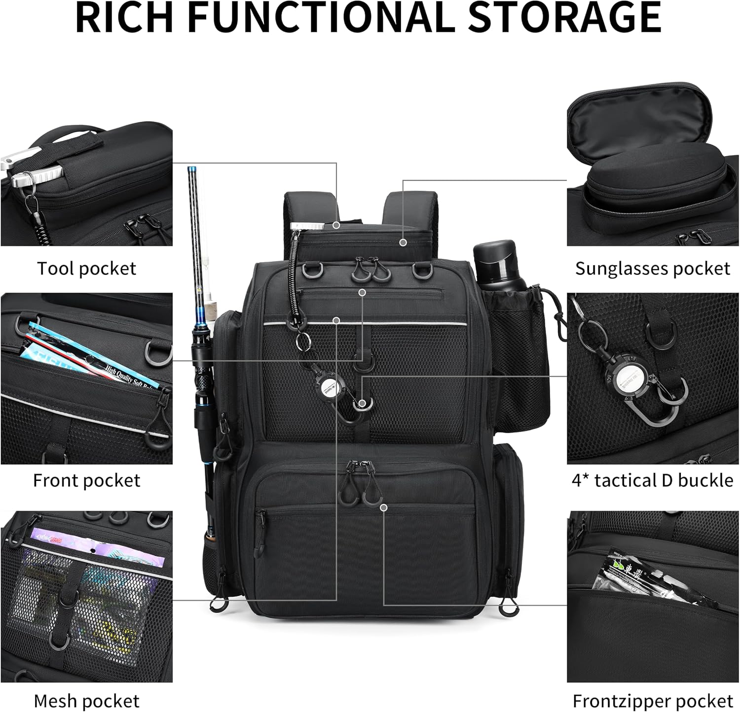 Fishing Tackle Backpack with Rod Holders, Bottle Holder, Storage Bag Store Fishing Gear