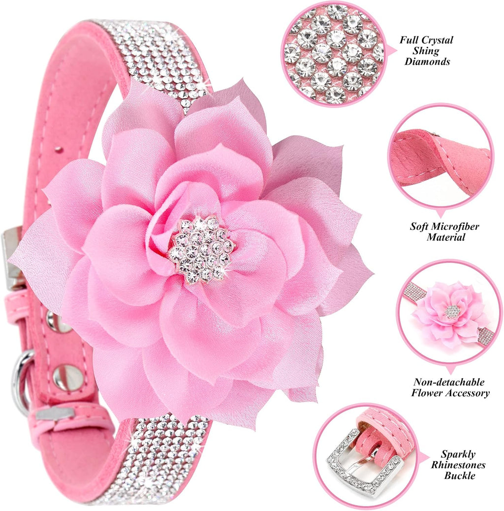 Rhinestone Dog Collar and Leash Set, Sparkling Girl Dog Collars with Bling Diamonds, Soft Suede Leather Pink Puppy