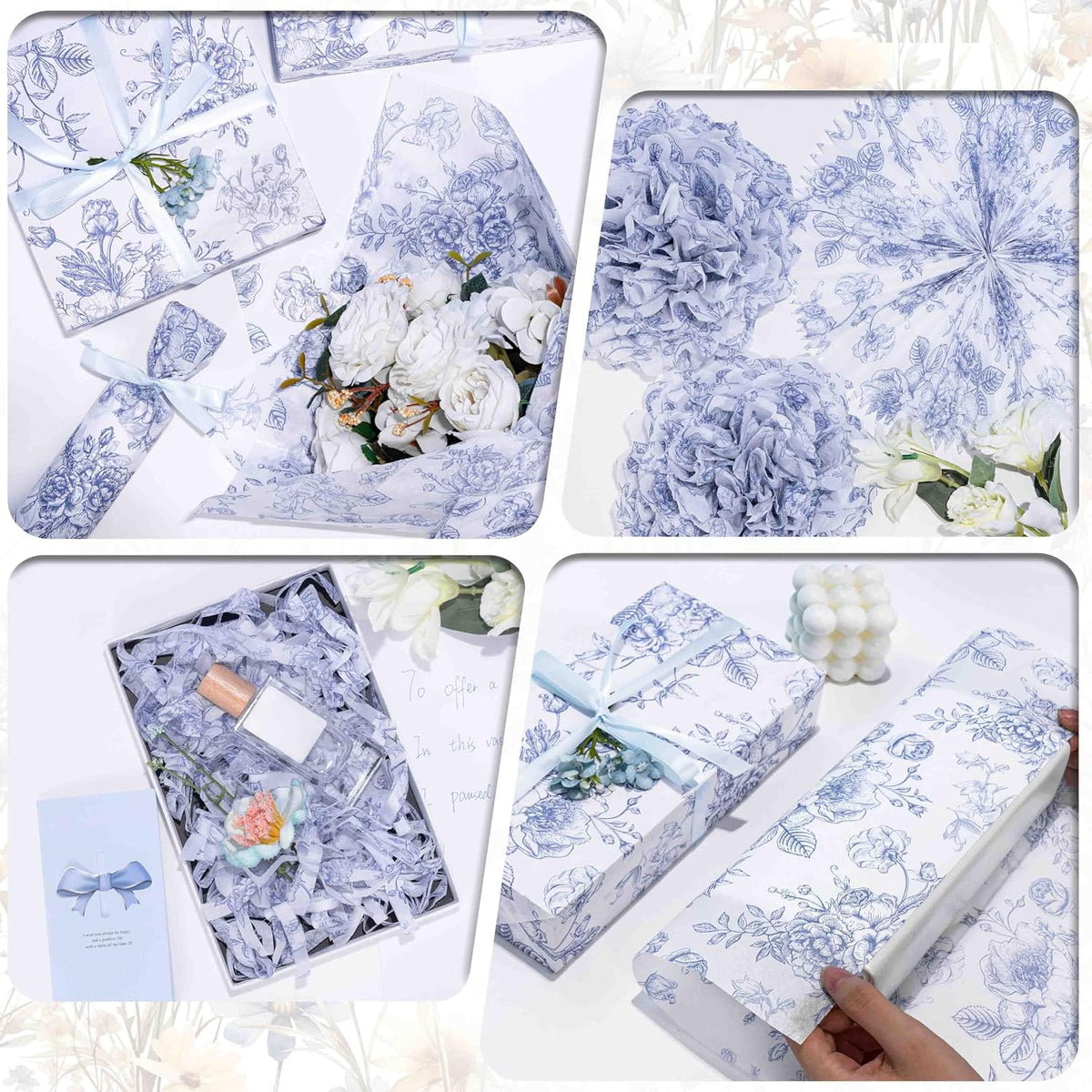 Floral Tissue Paper Bulk, Vintage Blue & White Flower Tissue Paper for Gift Bags, Wrapping, Crafts, Decoupage Art