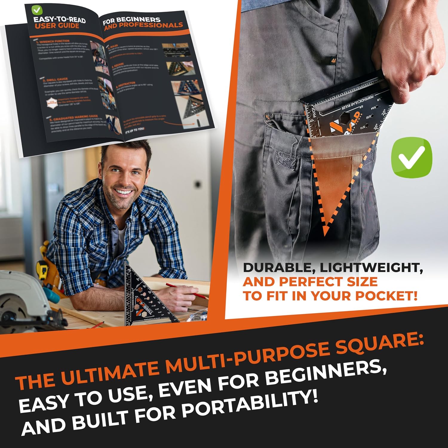 6-in-1 Carpenter Square 7 inch (1/16" Precision) T Square Multi-Purpose Carpenter Tools : Wrench, Square, Protractor