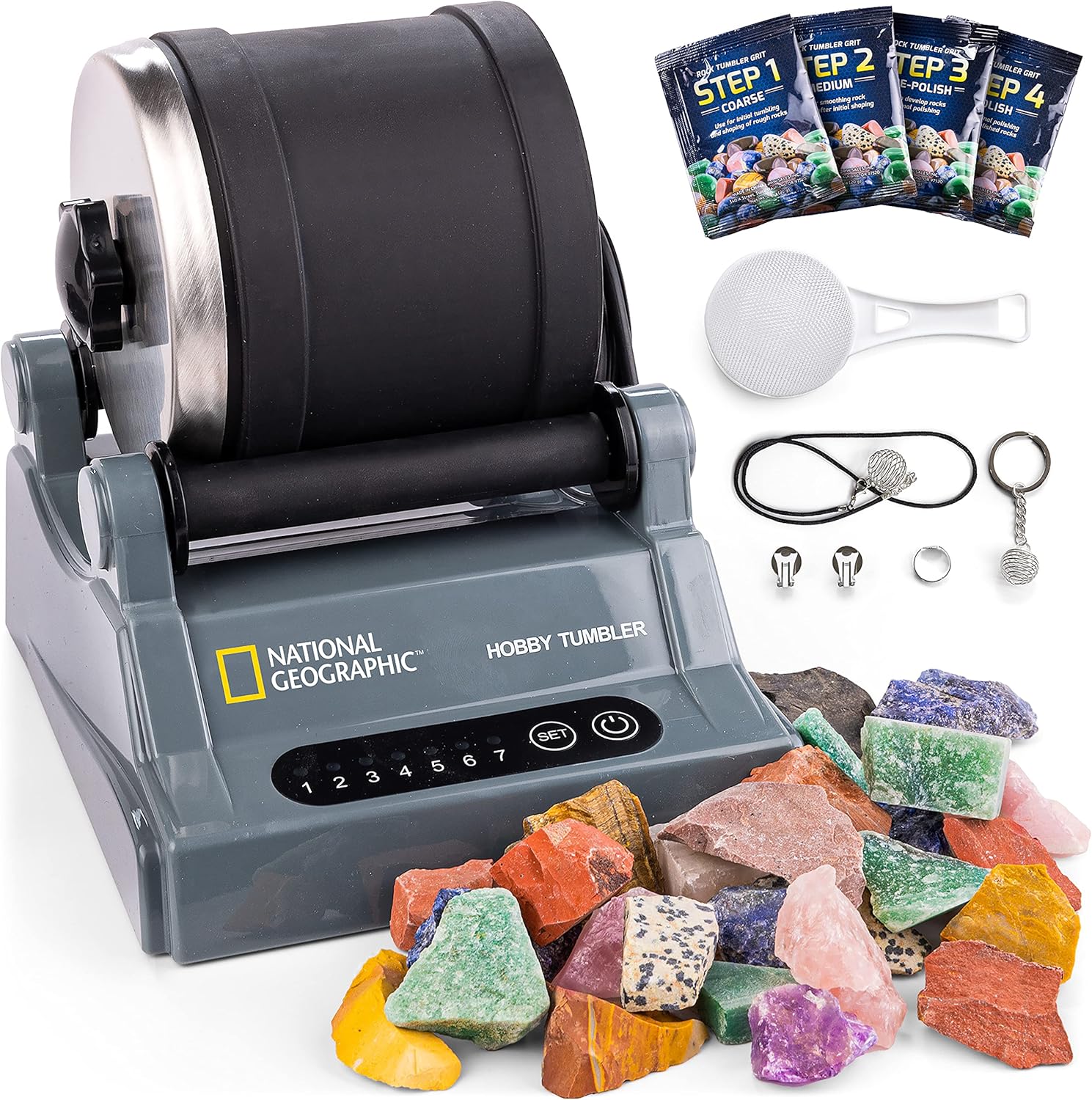 National Geographic Hobby Rock Tumbler Kit for Kids and Adults Ages 8+ | Rough Gemstones, 4 Polishing Grits, Rock