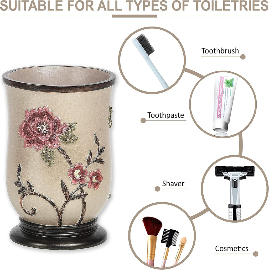 4pc Larrisa Floral Bathroom Accessories Sets Modern Classic Flower Soap Dispenser, Tumbler, Tooth Brush Holder and