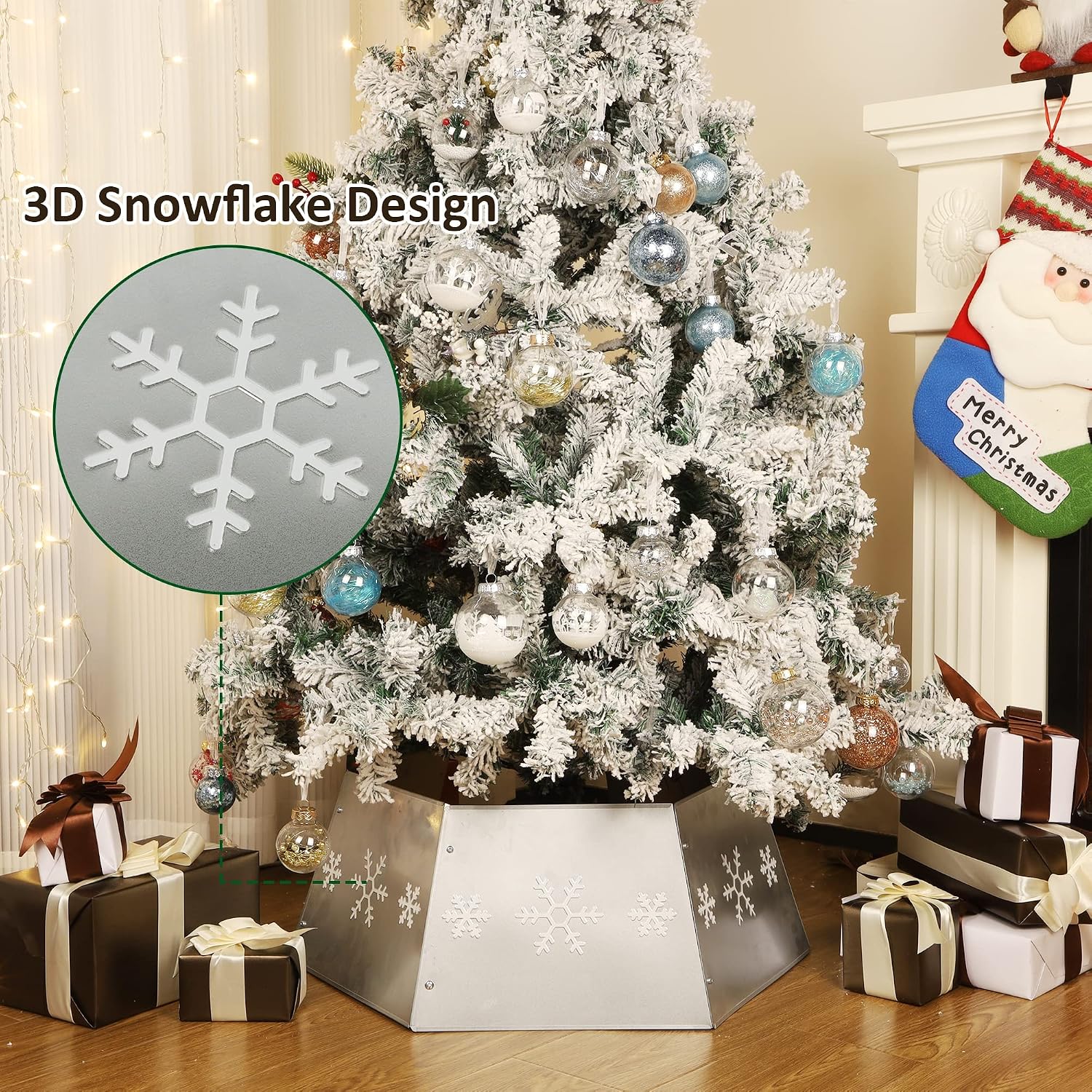 Metal Christmas Tree Ring, Christmas Tree Collar with Printed Snowflake, Willow Tree Skirt Base Stand for Christmas