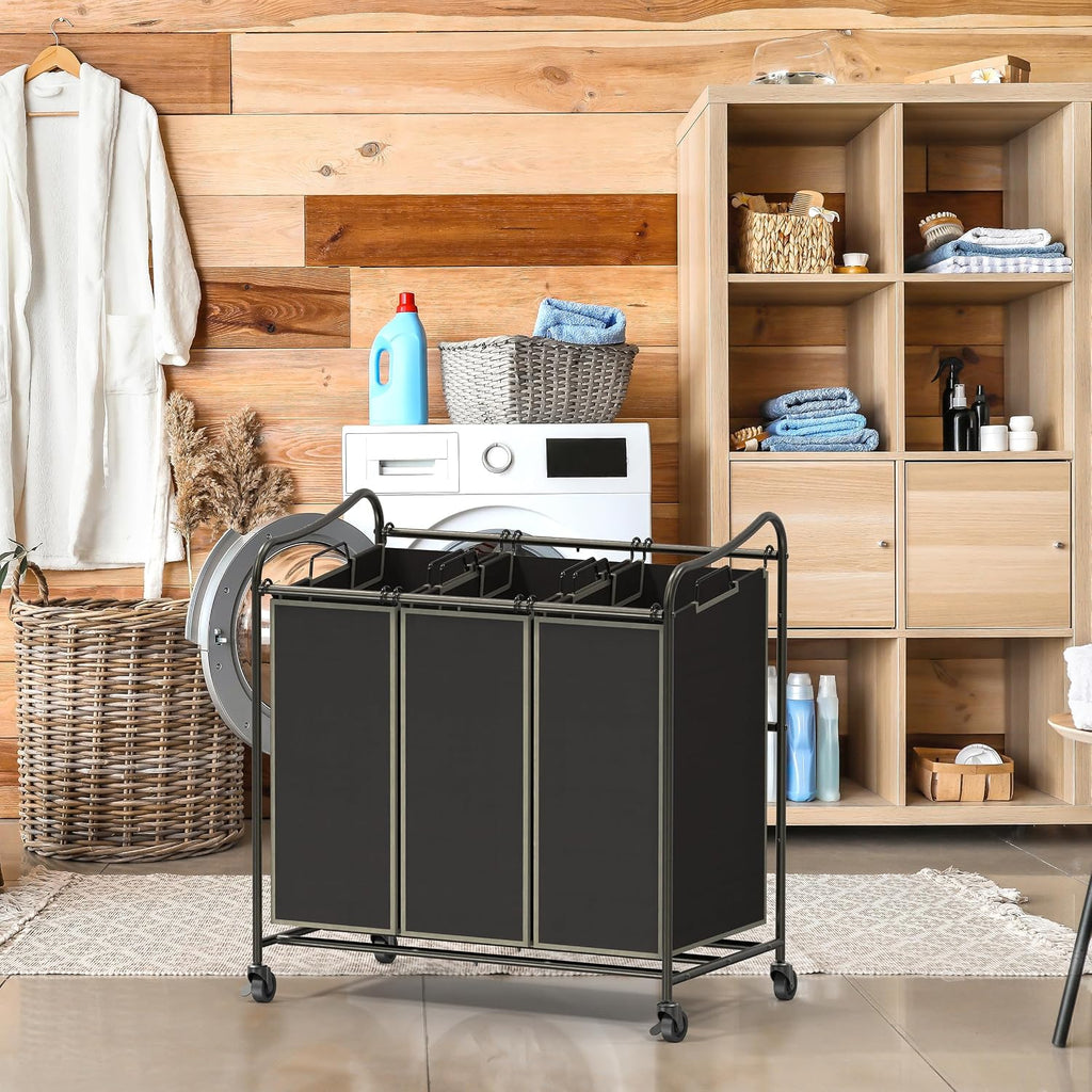 Heavy Duty 3-Bag Laundry Sorter Rolling Cart, Bronze | Removable Bags and Lockable Wheels for Laundry Room Organization