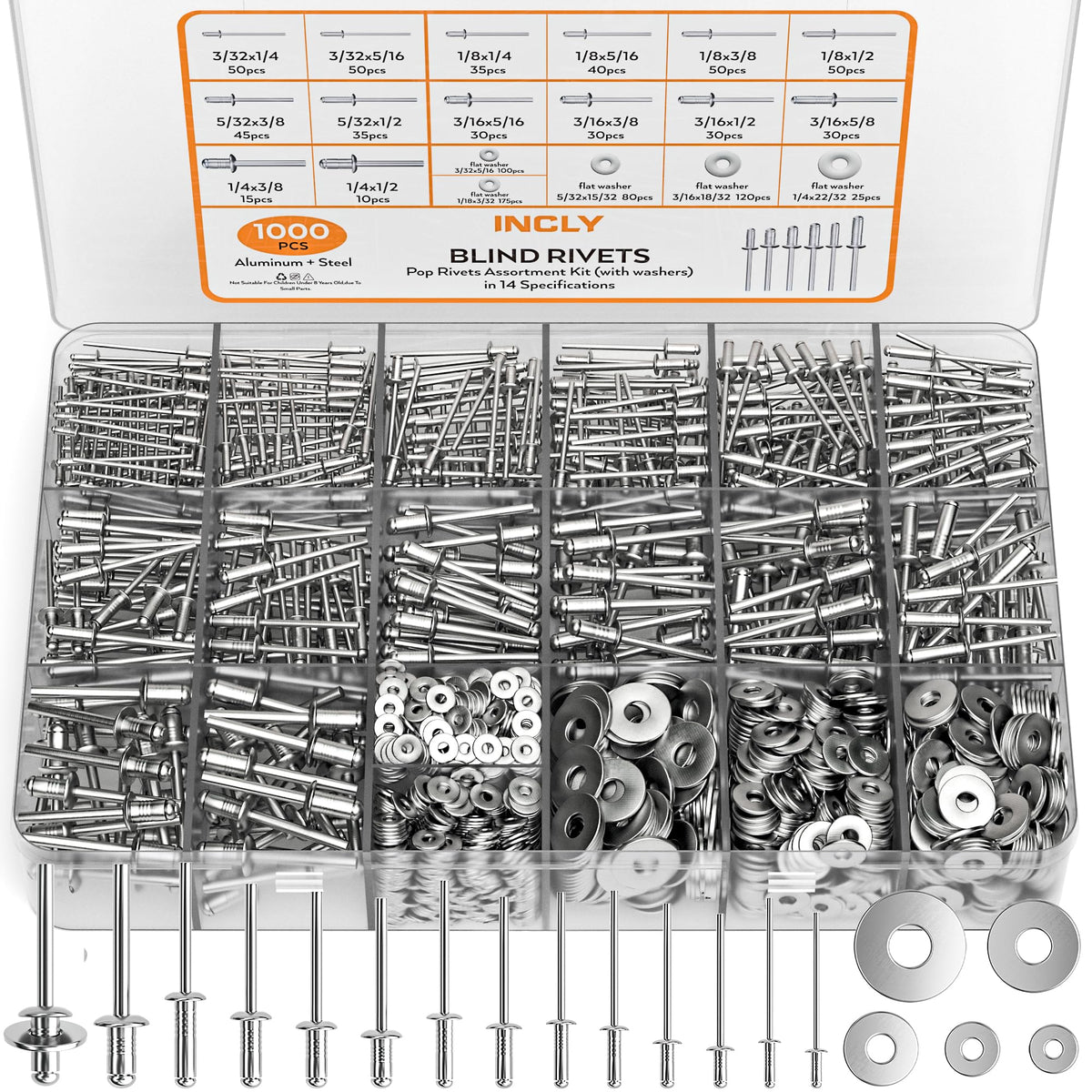 1000PCS Aluminum Pop Rivets Assortment Kit with Washers