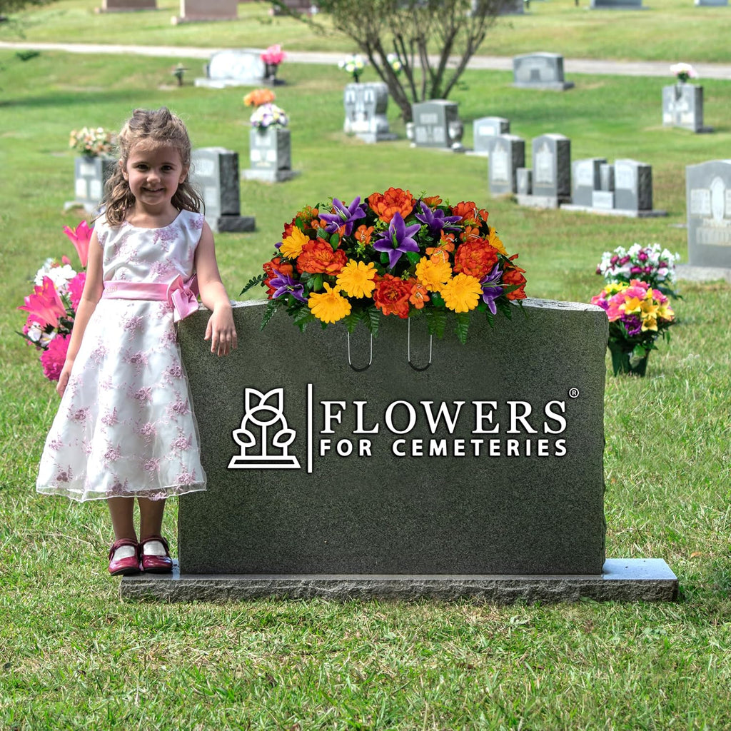 30" Headstone Flower Saddle Artificial Cemetery Flowers - Gravesite Flowers - Orange Peonies, Purple Lilies, and