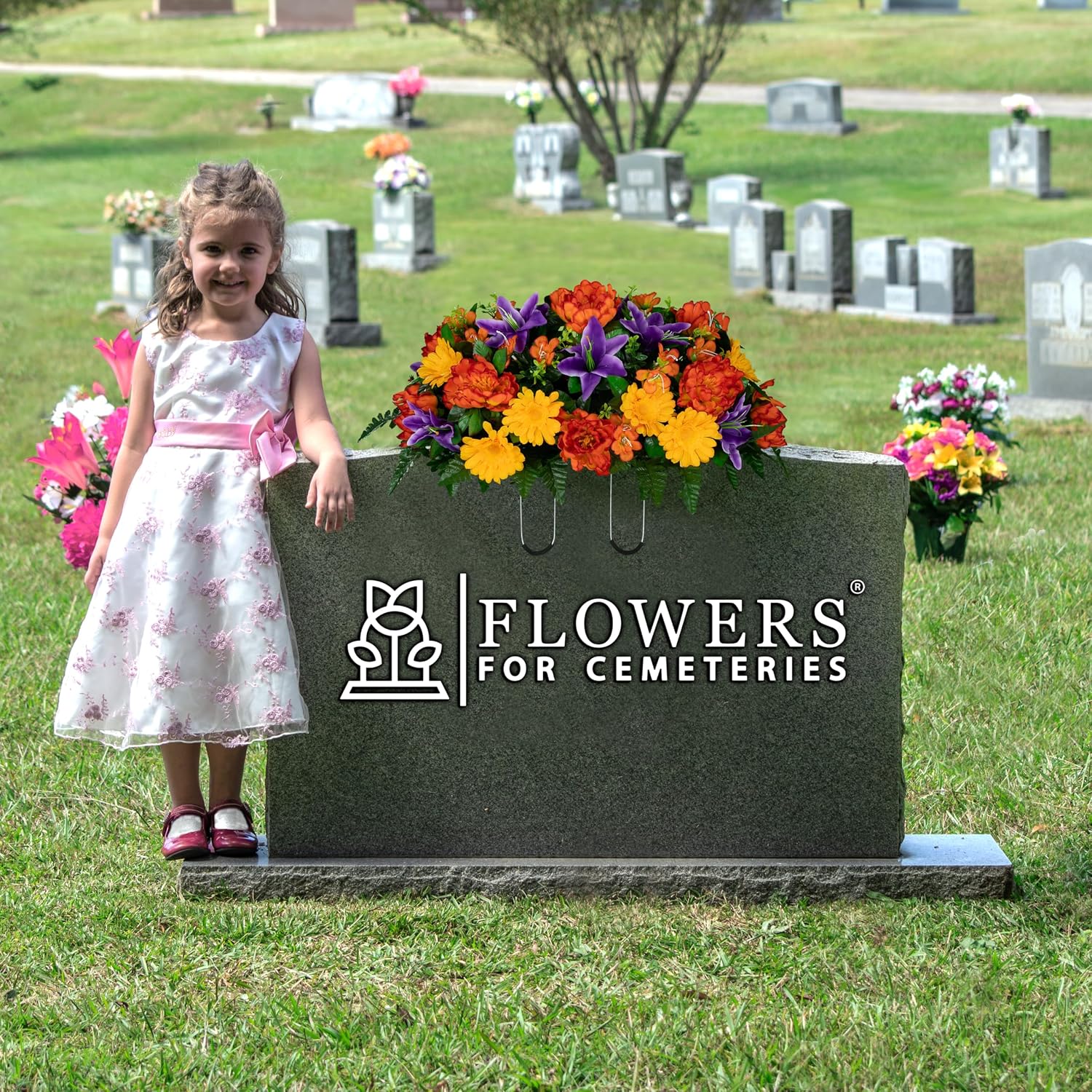 30" Headstone Flower Saddle Artificial Cemetery Flowers - Gravesite Flowers - Orange Peonies, Purple Lilies, and