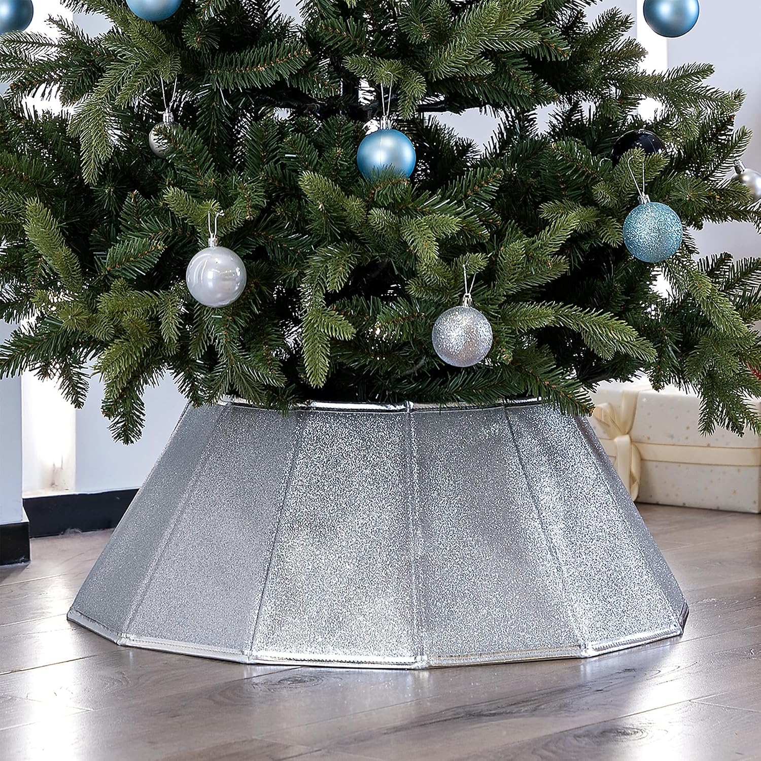 Fabric Christmas Tree Collar - Glittering Ring and Willow Skirt for Tree Decorations (Glitter Silver)