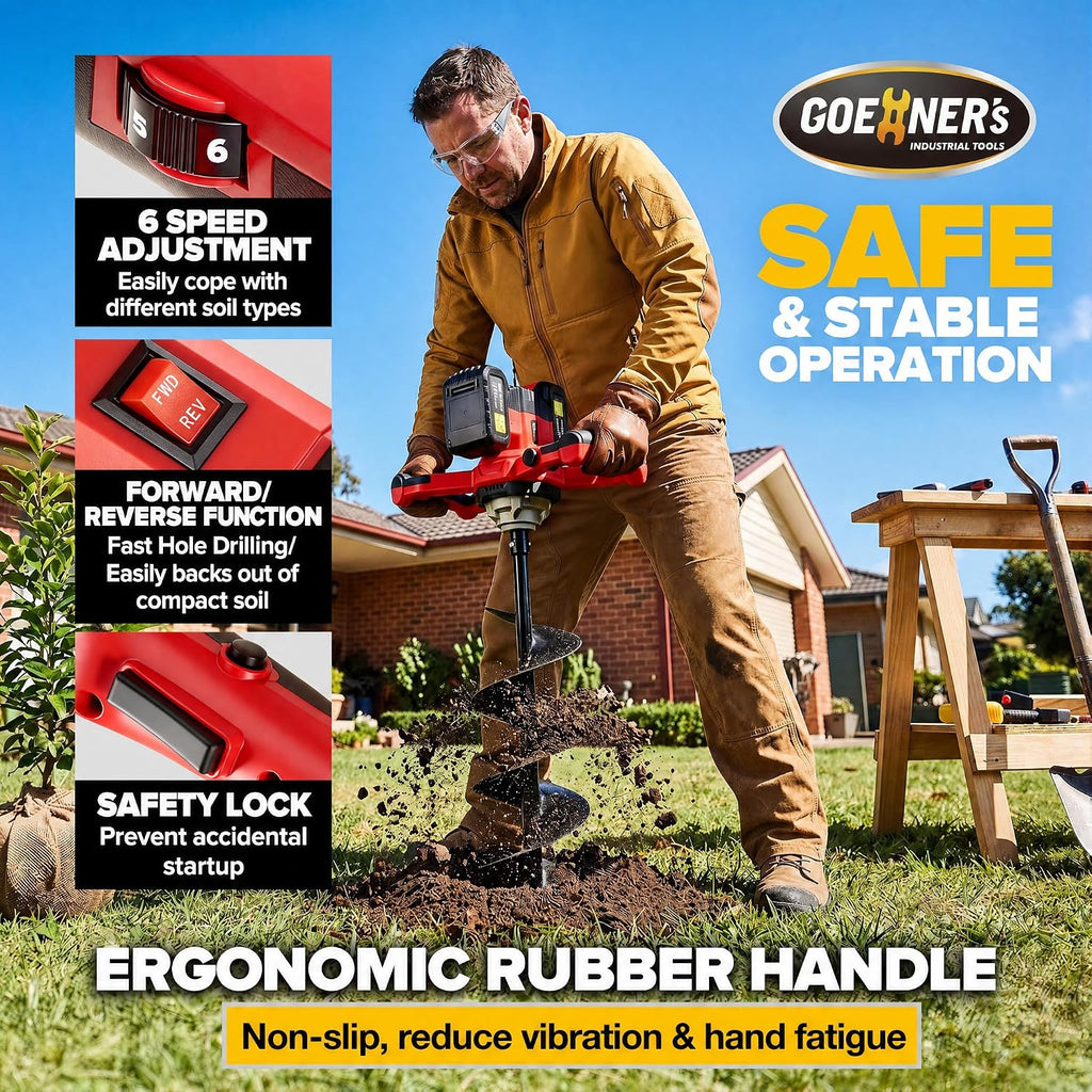 42V Cordless Auger Post Hole Digger, Post Hole Auger with 3" & 6" Drill Bits + Extension Rod, 2 Batteries, Electric