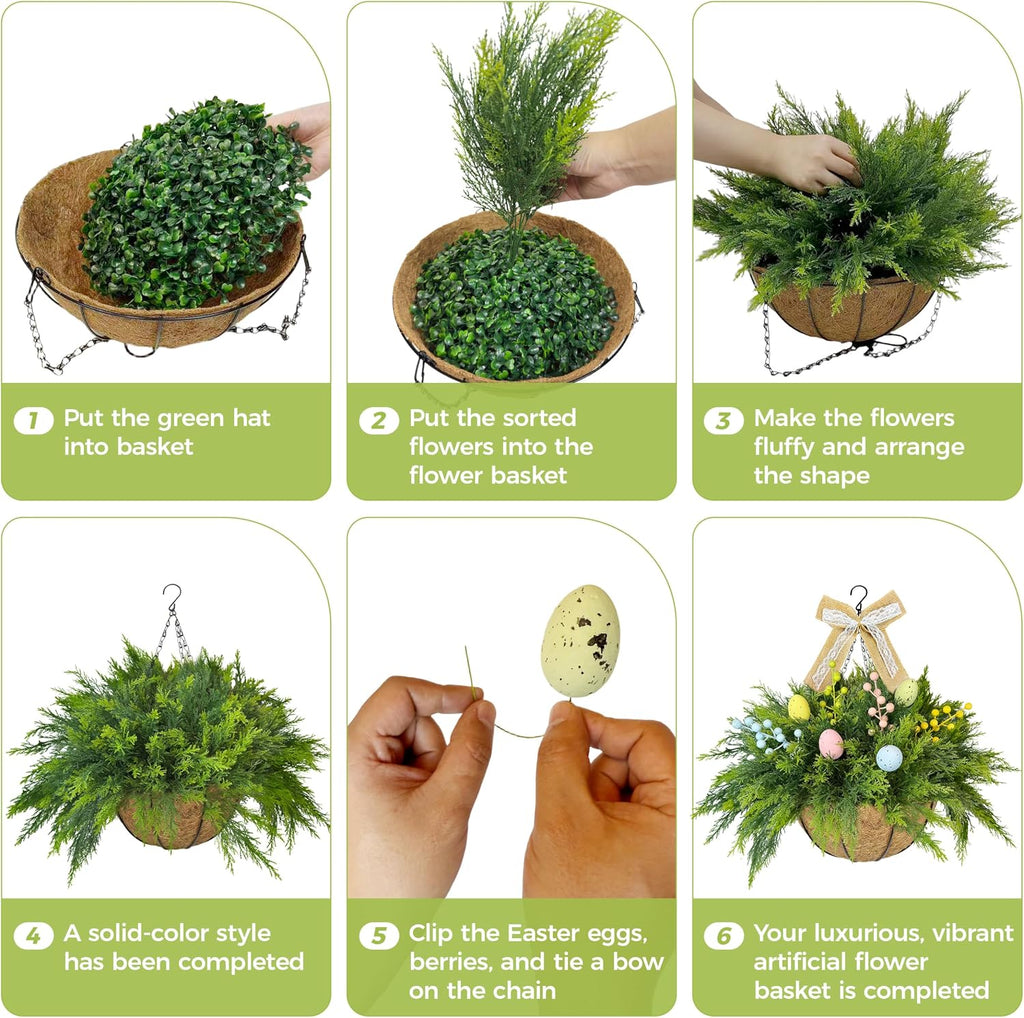 Set of 2 Easter Artificial Hanging Plant Flower Baskets, Fake Planter Hanging with 24 Pcs Cypress Leaves, Faux Ferns