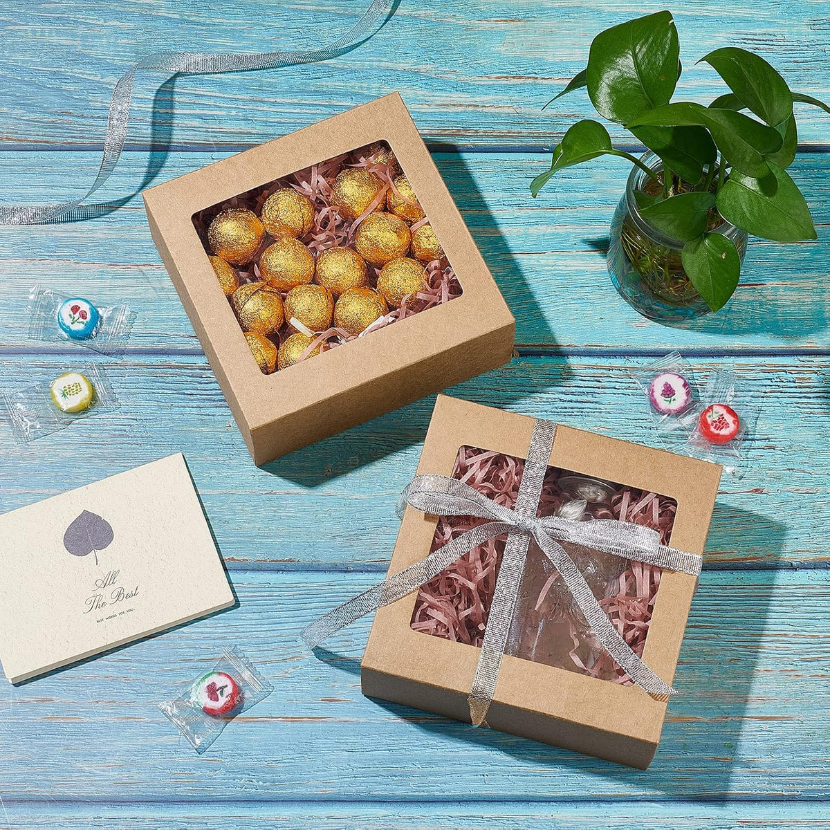 16Packs 5.5x5.5x2inch Clear PVC Square Window Gift Boxes, Brown Kraft Paper Present Boxes for Wedding Gift