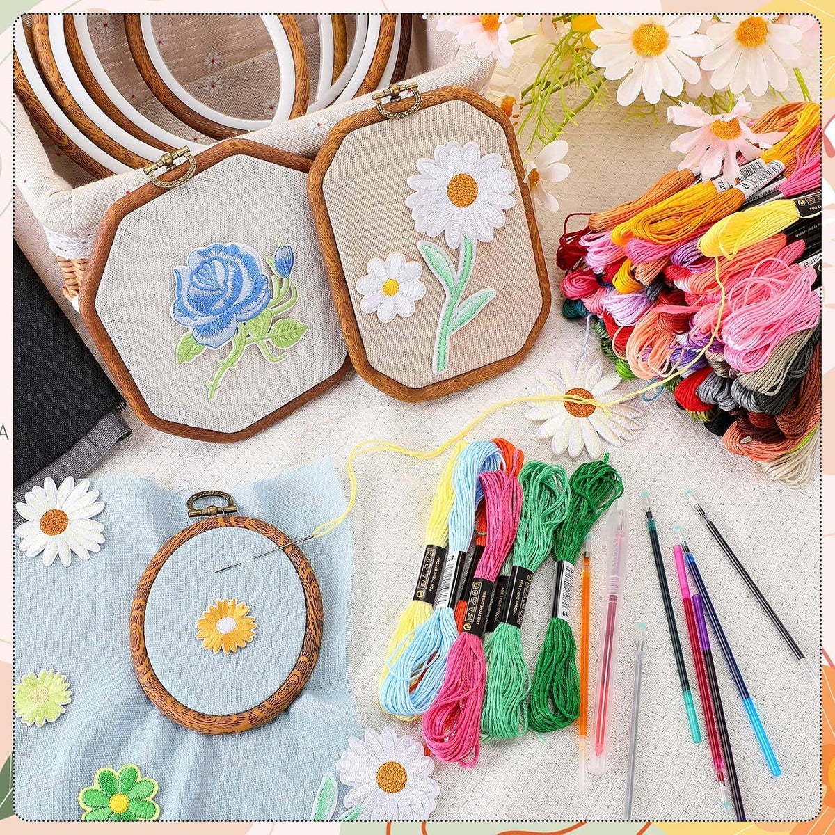 138 Pcs Embroidery Kit 9 Hoop 100 Thread 5 Fabric 16 Needles | Bamboo Frames in 3 Shapes, Rainbow Floss Skeins, 8