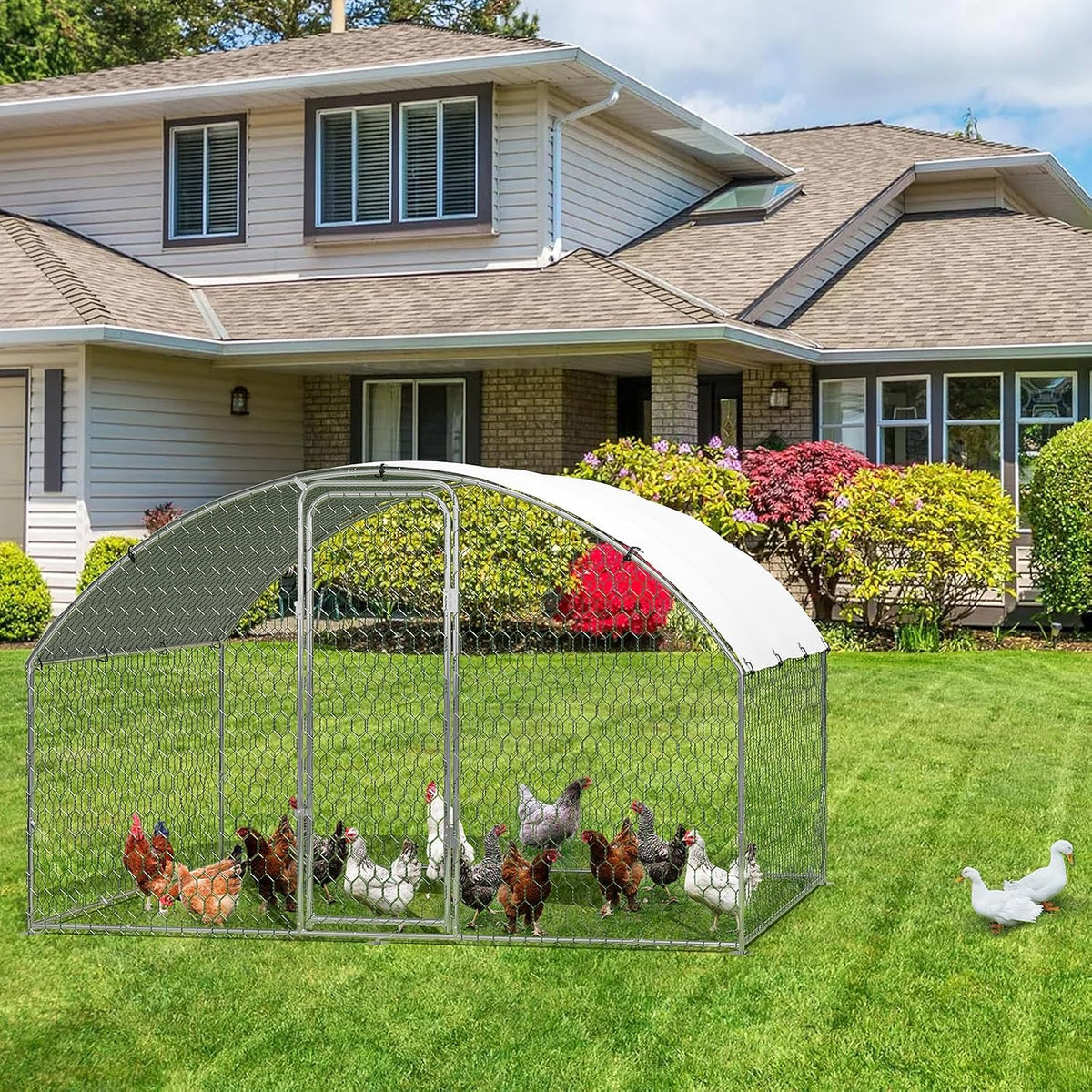 Metal Chicken Run, 9.8 x 6.5 x 6.5 Ft Metal Chicken Coop for Yard with Waterproof and Anti-Ultraviolet Cover, Dome