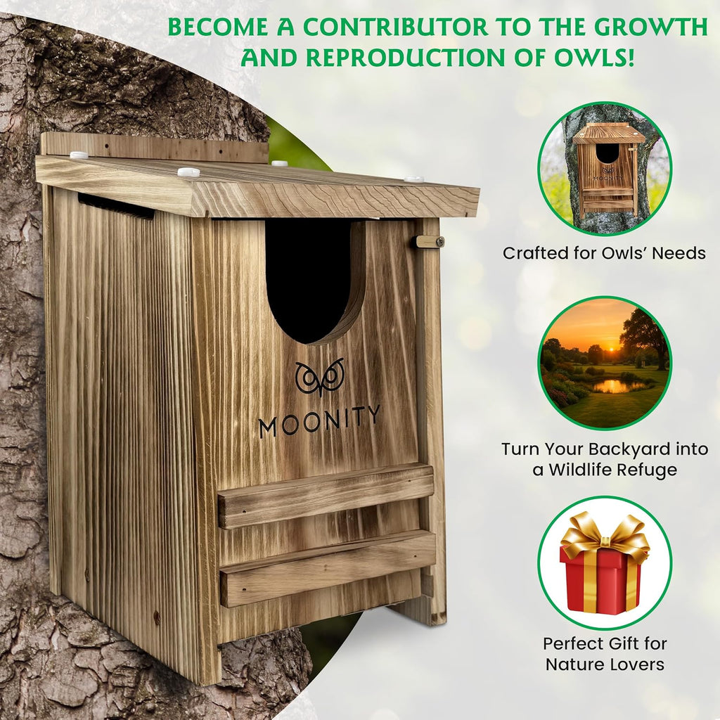 Fire-Treated Cedar Owl House – 14" x 9" x 9" All-Season Nesting Box for Screech, Kestrel & More – Durable