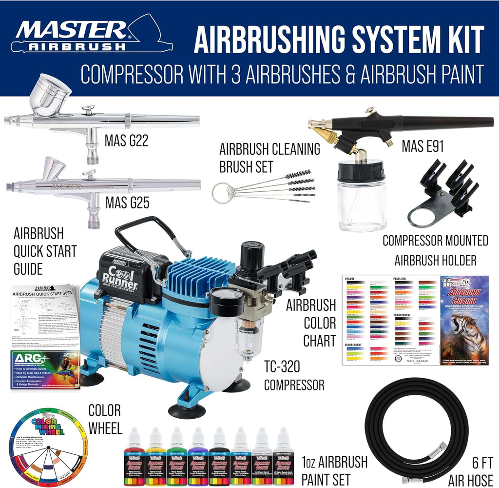 Cool Runner II Air Brush Kit with Air Compressor Dual Fan | 3 Airbrushes, 6 Color Acrylic Paint Set, Hose, Brushes &