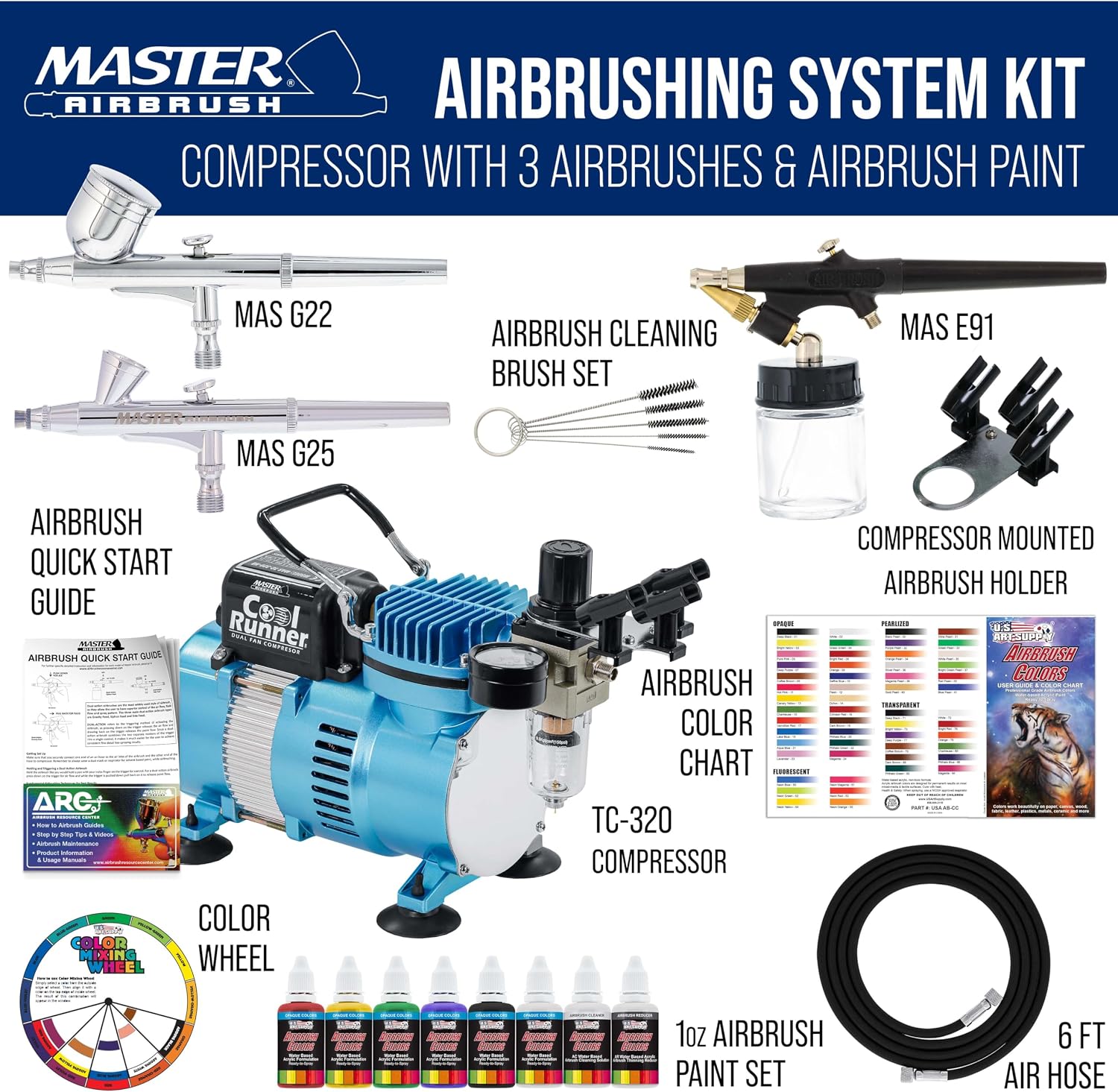 Cool Runner II Air Brush Kit with Air Compressor Dual Fan | 3 Airbrushes, 6 Color Acrylic Paint Set, Hose, Brushes &