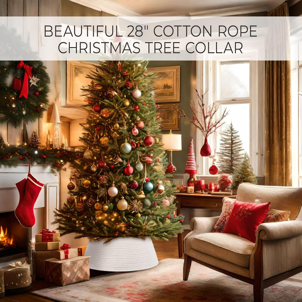 Beautiful Christmas Tree Collar - Modern 28" Cotton Rope Tree Ring - Easy to Set Up Christmas Skirt Enhances Your