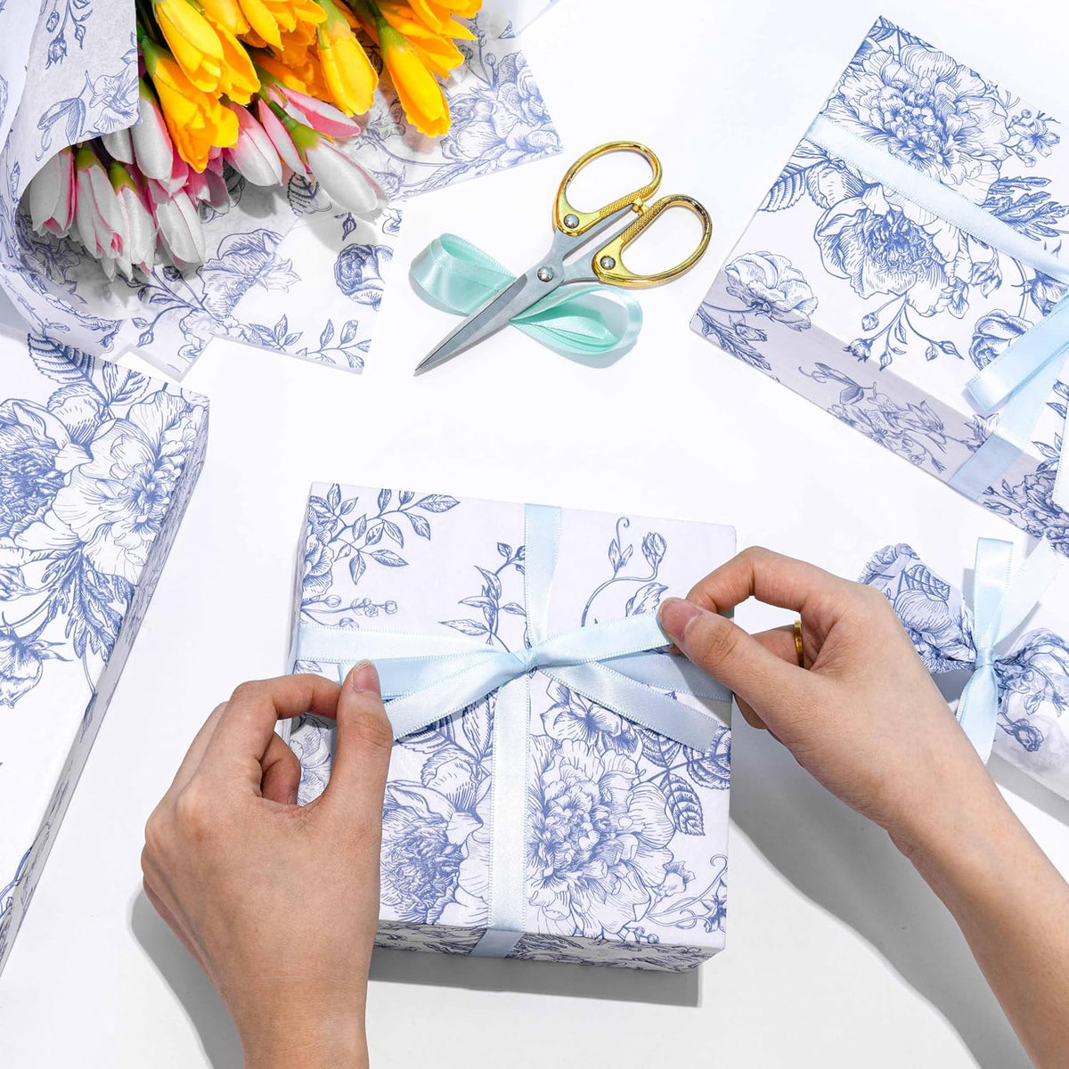 Floral Tissue Paper Bulk, Vintage Blue & White Flower Tissue Paper for Gift Bags, Wrapping, Crafts, Decoupage Art