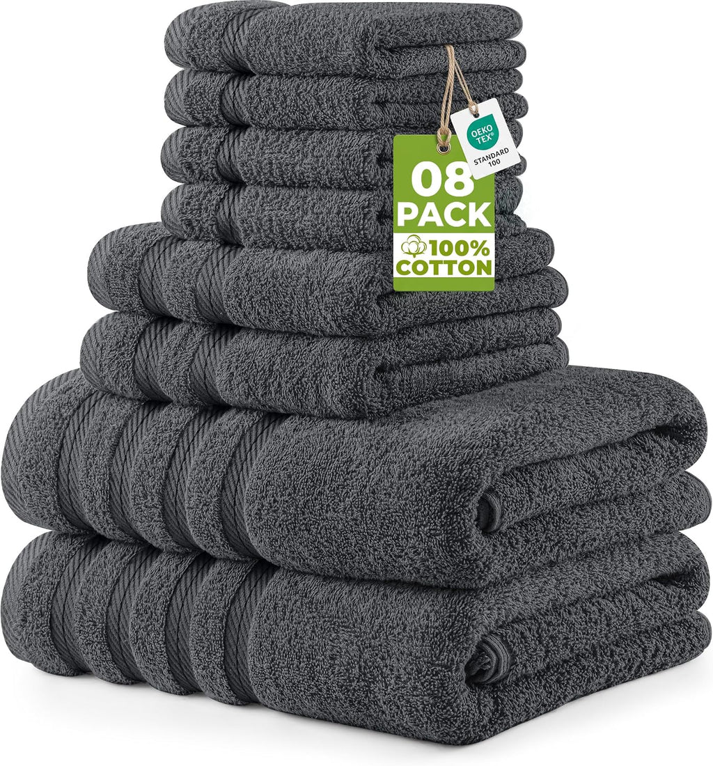 8 Piece Towel Set – Super Absorbent & Quicker-to-Dry, Thick 100% Ring Spun Cotton Towels for Bathroom, Spa & Hotel –