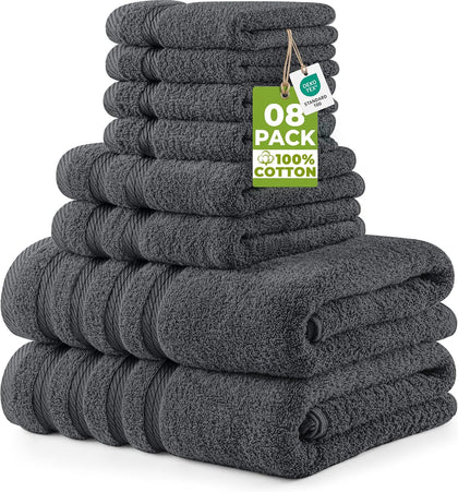 8 Piece Towel Set – Super Absorbent & Quicker-to-Dry, Thick 100% Ring Spun Cotton Towels for Bathroom, Spa & Hotel –